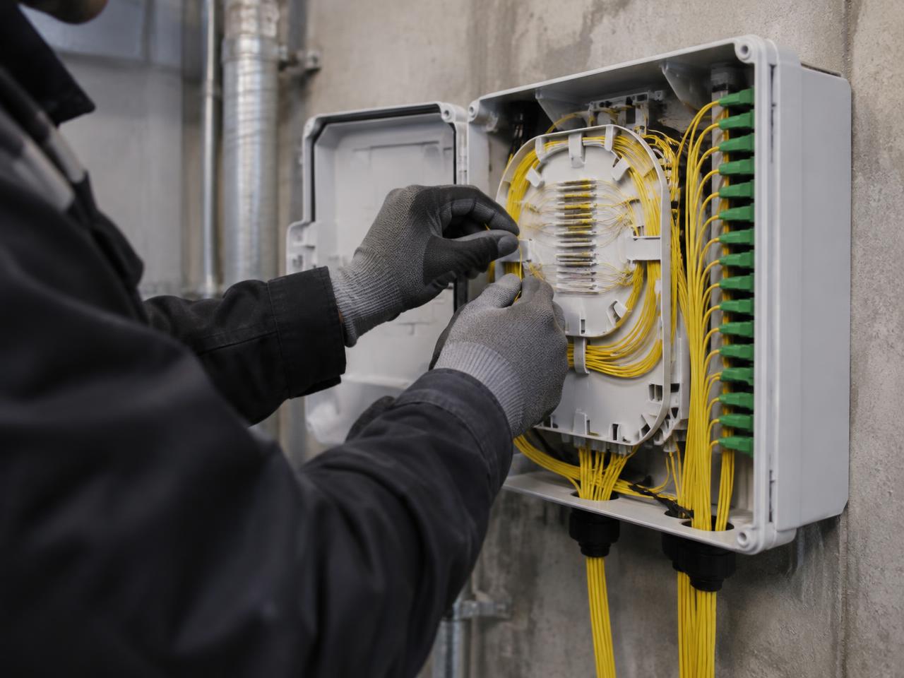 Techniker bei der Montage eines Glasfaseranschlusses